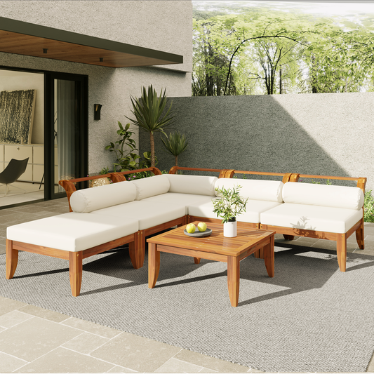 Teak & Beige 6-Piece Acacia Wood Patio Sectional Sofa Set for Outdoor