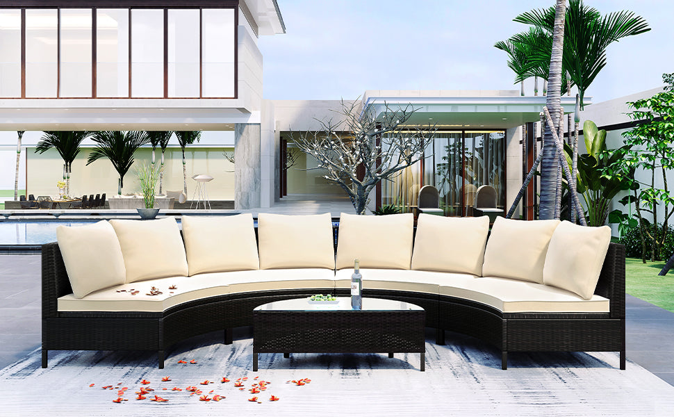 Beige Rattan Patio Sofa Set - 5 Piece Outdoor Sectional