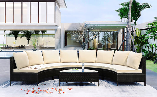 Beige Rattan Patio Sofa Set - 5 Piece Outdoor Sectional