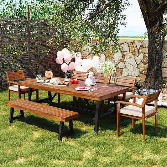 Outdoor Wood Dining Set for 7-8 People with Removable Cushions, Chairs, and Bench, Natural