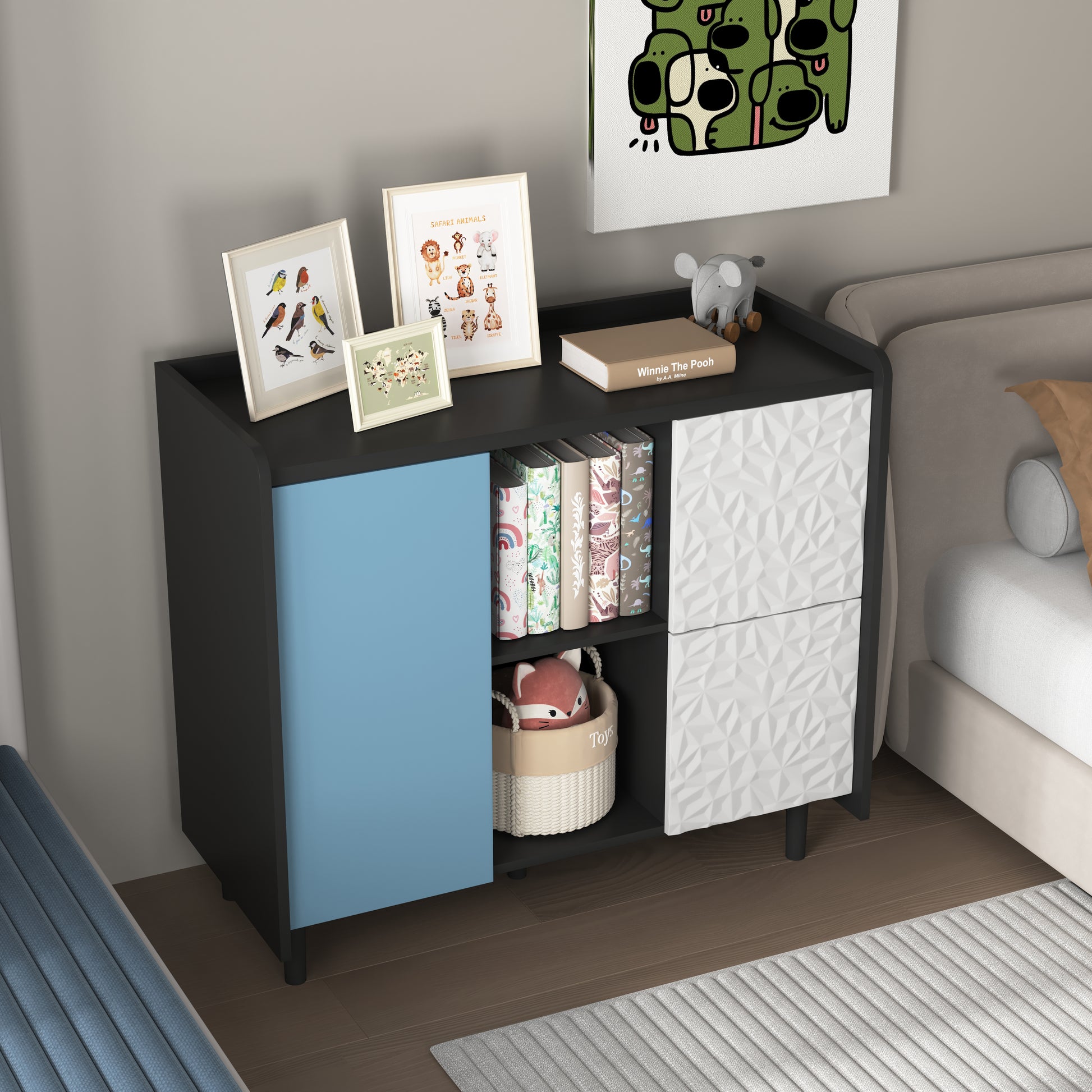 Sideboard Buffet Cabinet, Black Storage Cabinet with Red Doors , 2 Drawers with unique panel styling and 2 Open Storage Compartment, Modern Coffee Bar Cabinet Accent Cabinet for Kitchen, Dining Room,