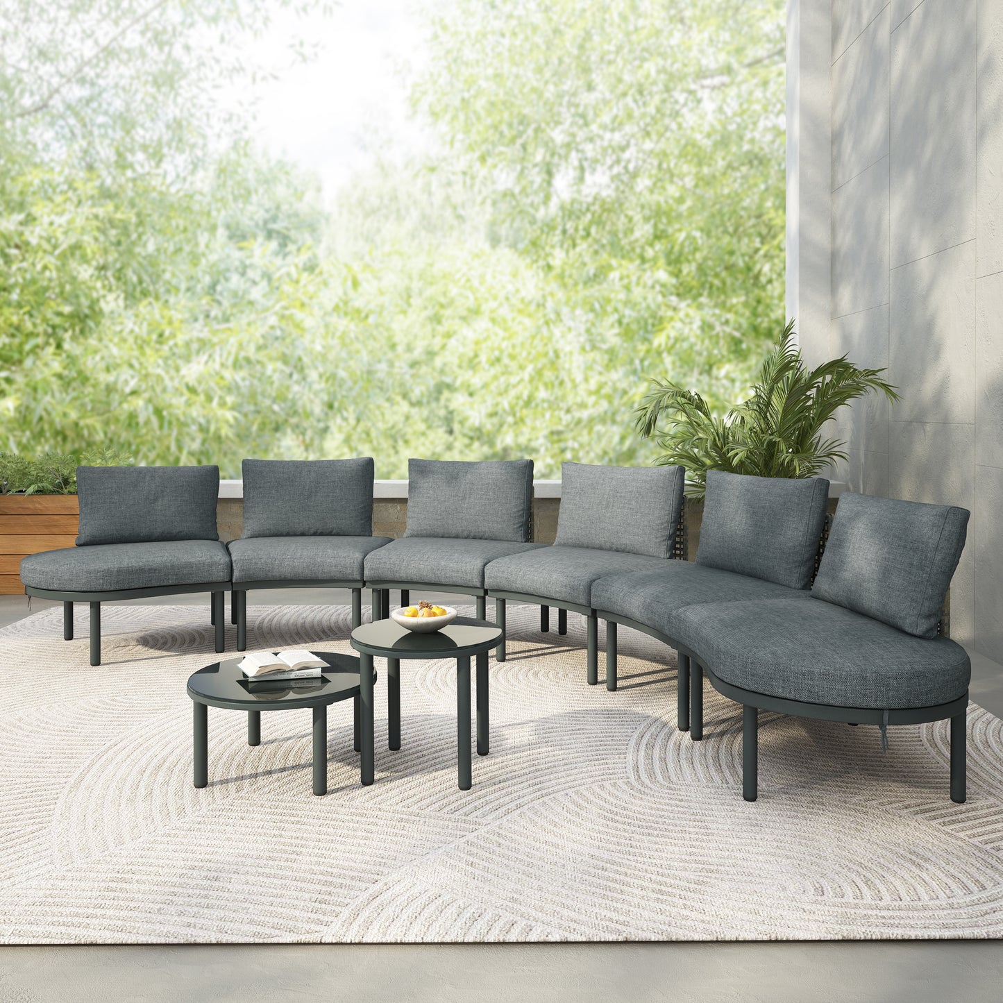 8-Piece Gray Half-Moon Outdoor Wicker Sectional Sofa Set with Two Coffee Tables