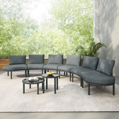 8-Piece Gray Half-Moon Outdoor Wicker Sectional Sofa Set with Two Coffee Tables
