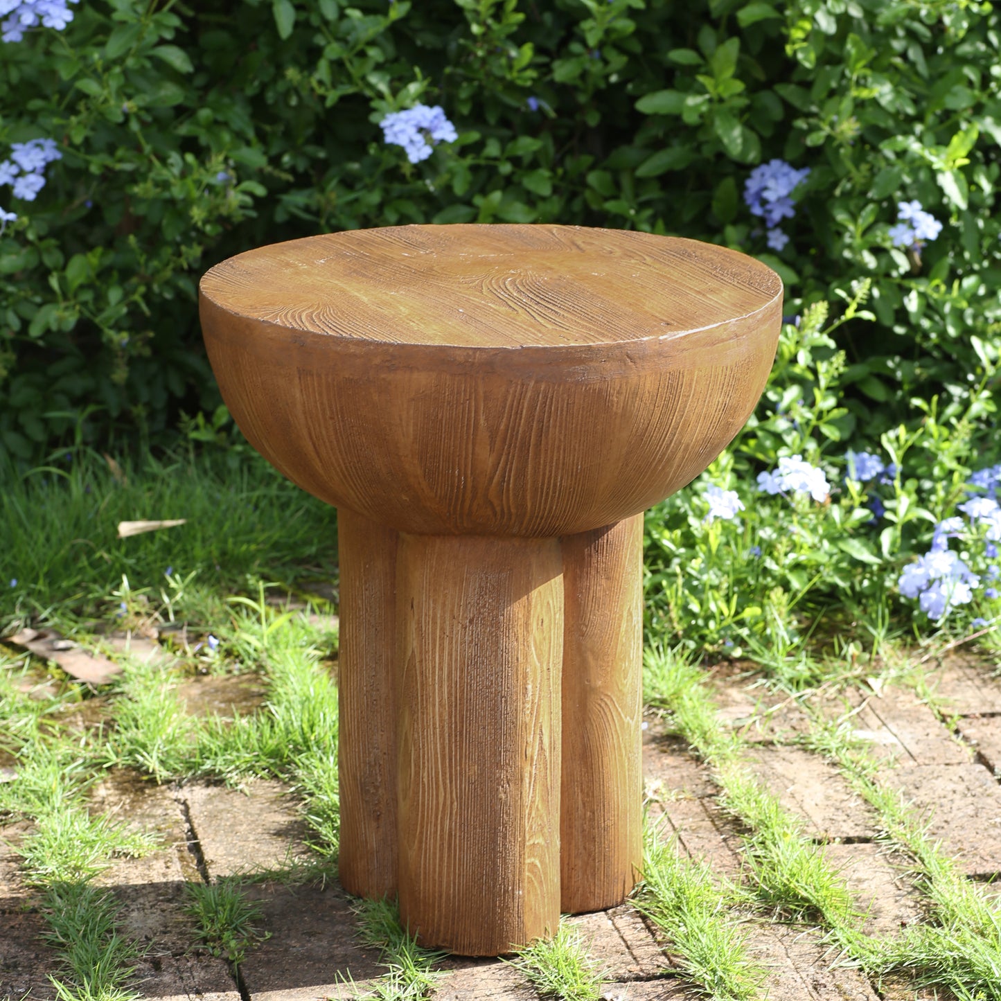 Brown Wood-Grain Round MGO Outdoor Side Table with Three-Legged Patio Design