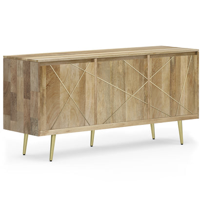 Mid Century Mango Wood Sideboard Buffet with Gold Brass Inlay for Dining Room