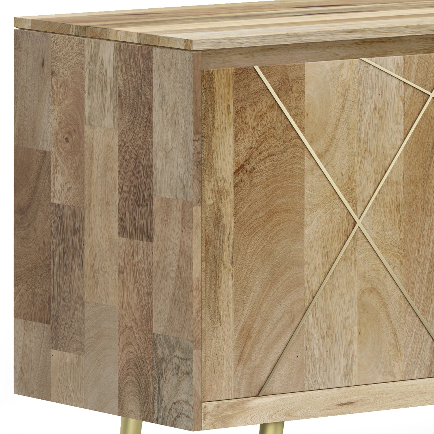 Mid Century Mango Wood Sideboard Buffet with Gold Brass Inlay for Dining Room