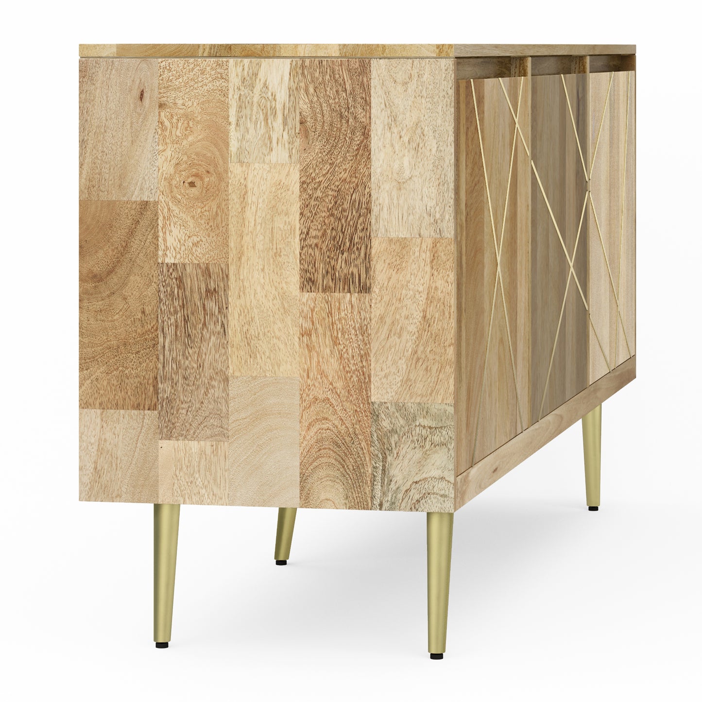 Mid Century Mango Wood Sideboard Buffet with Gold Brass Inlay for Dining Room