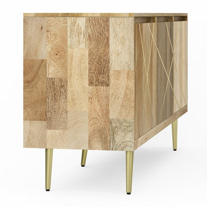 Mid Century Mango Wood Sideboard Buffet with Gold Brass Inlay for Dining Room