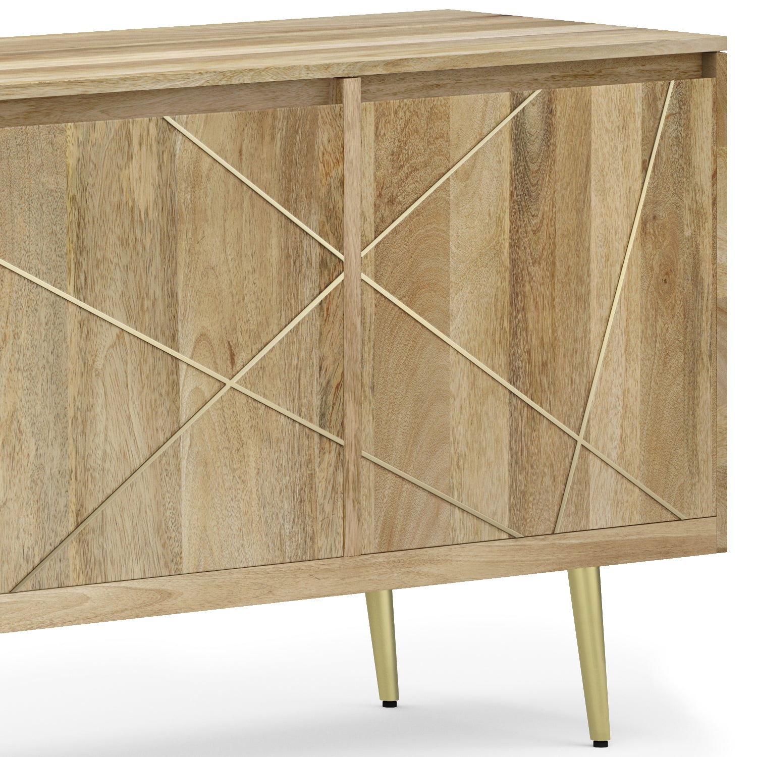 Mid Century Mango Wood Sideboard Buffet with Gold Brass Inlay for Dining Room