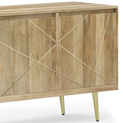 Mid Century Mango Wood Sideboard Buffet with Gold Brass Inlay for Dining Room