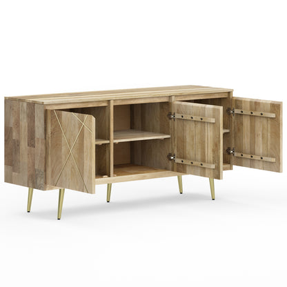 Mid Century Mango Wood Sideboard Buffet with Gold Brass Inlay for Dining Room
