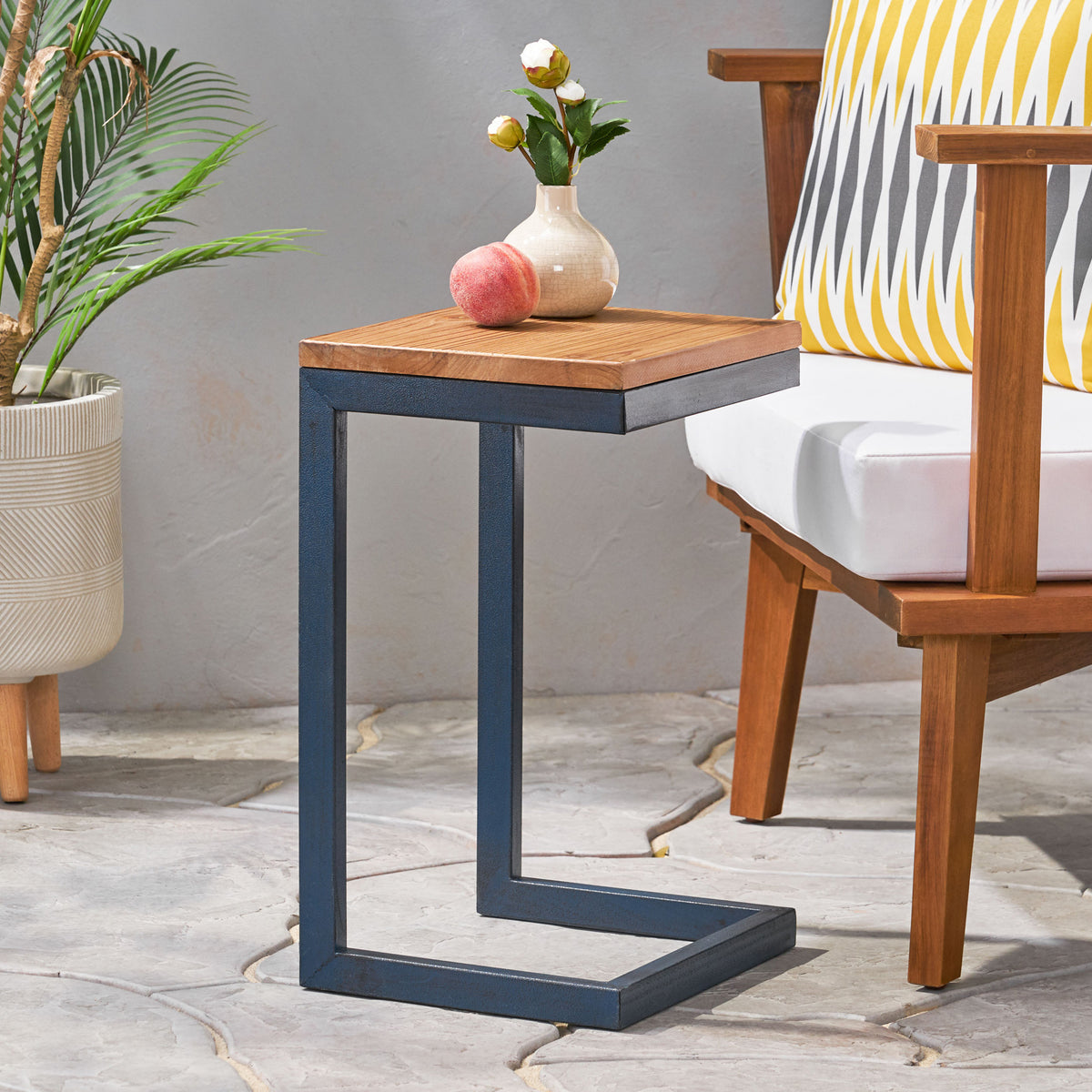 Small Antique Natural Wood End Table - Metal Base