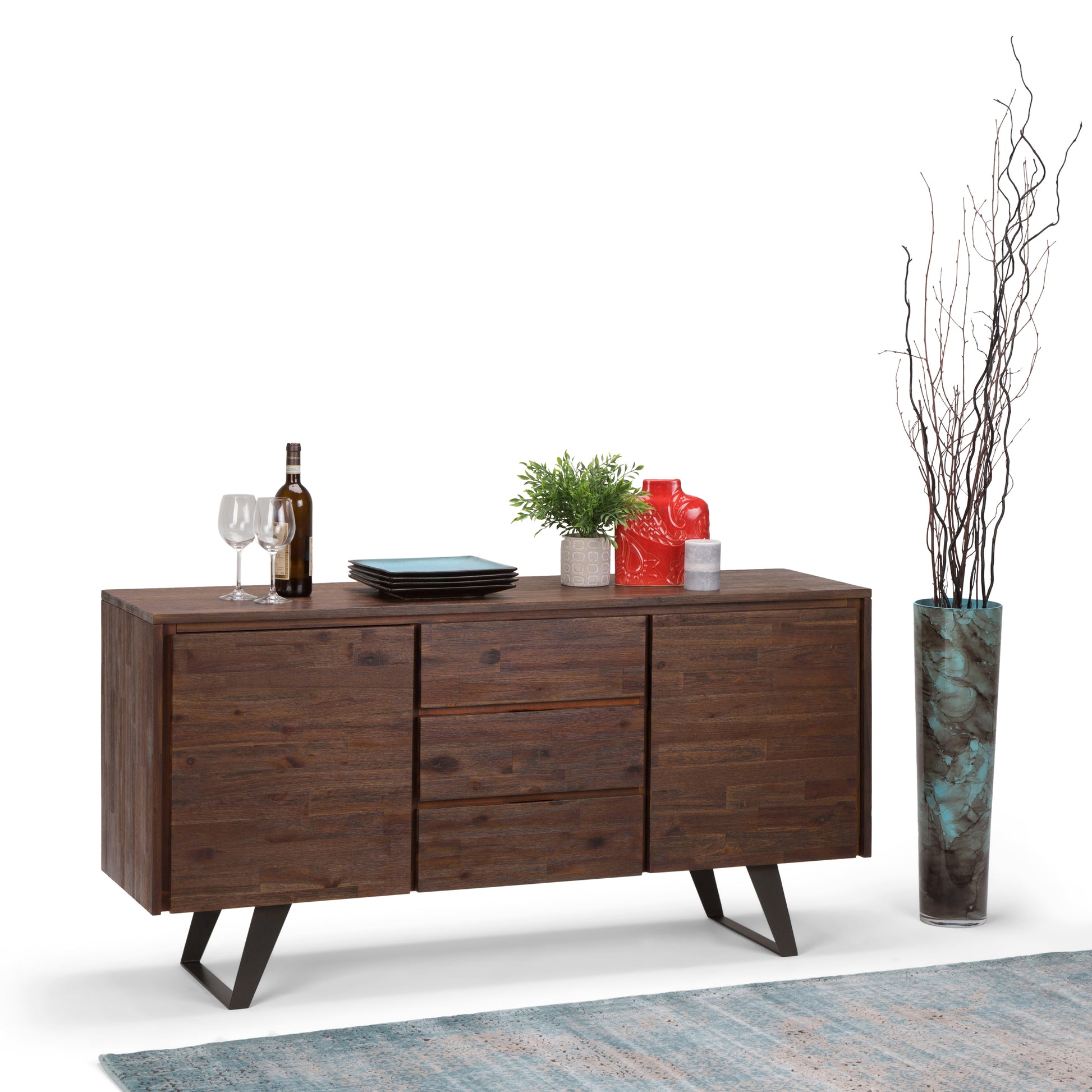 Lowry 60 inch Wide Solid Acacia Wood Sideboard Buffet in Distressed Charcoal Brown