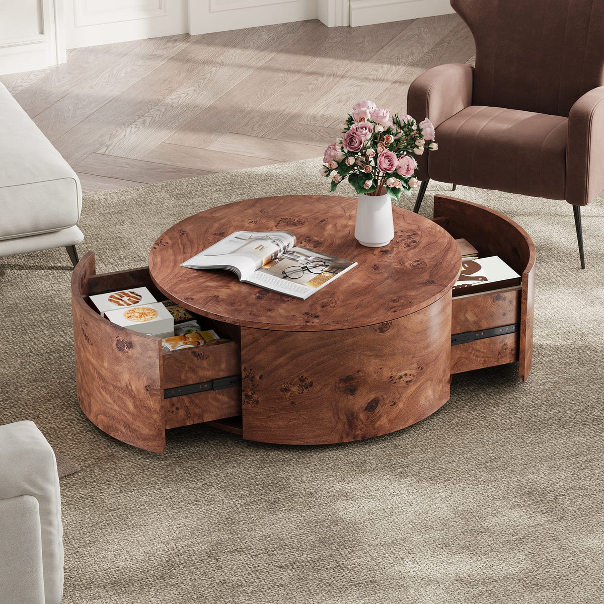 Walnut Burl Wood Rotating Coffee Table with Drawers for Living Room