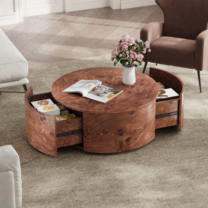 Walnut Burl Wood Rotating Coffee Table with Drawers for Living Room