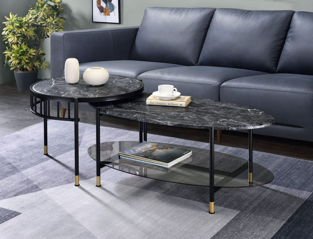 Black Faux Marble Nesting Coffee Table Set with Metal Frame for Living Room