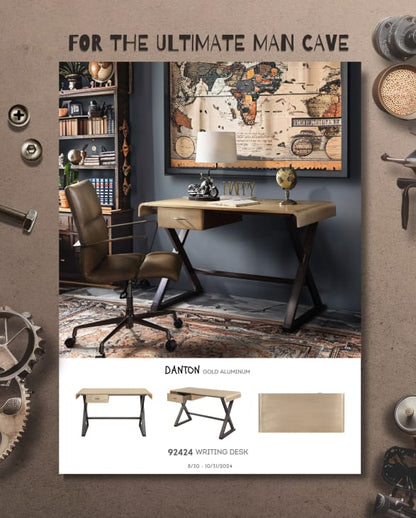 Gold Aluminum Writing Desk with Leather Accents for Workspace for Home Office