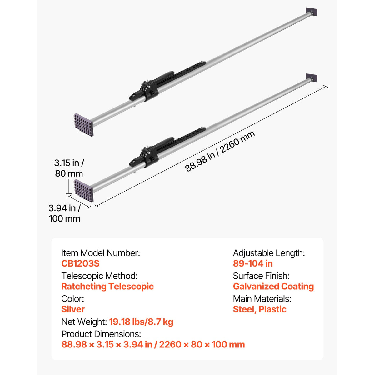 Silver Steel Cargo Bars - 89 to 104 Inch Adjustable Truck Bed Load Stabilizer