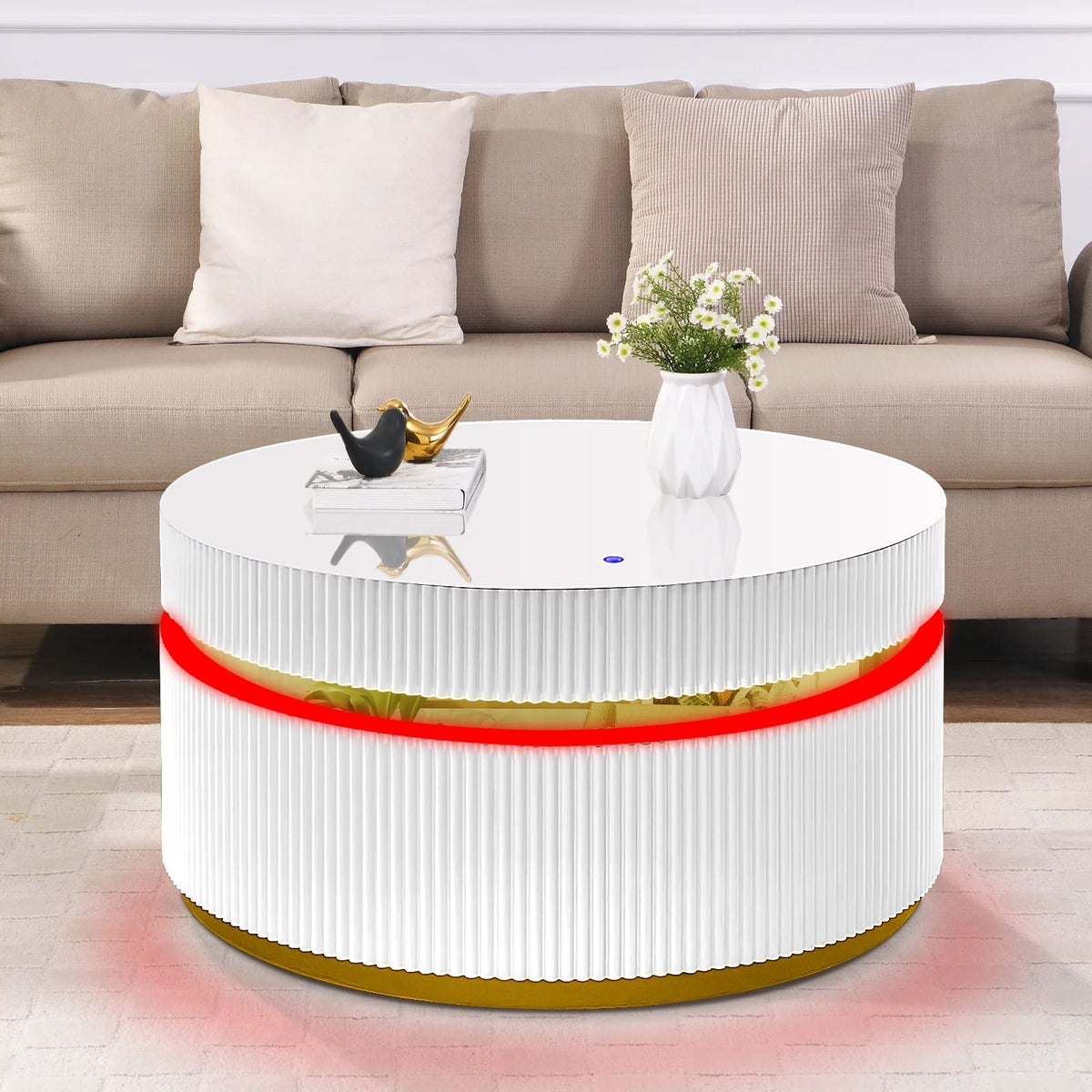 White Round Glass Coffee Table with LED Light