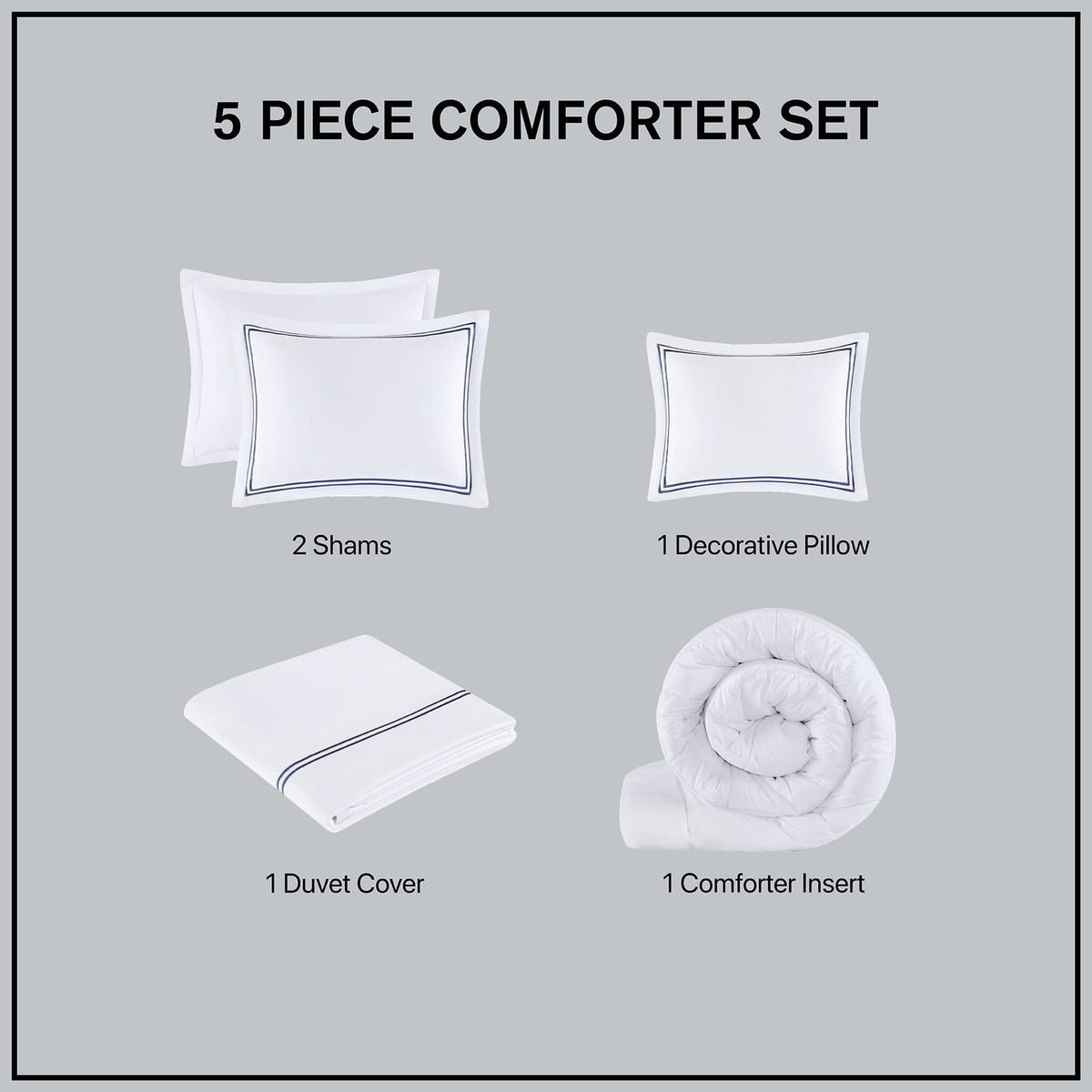 Luxury White+Navy Embroidered Comforter Set - King/Cal King
