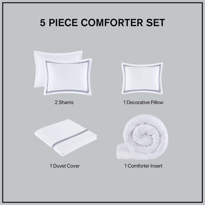 Luxury White+Navy Embroidered Comforter Set - King/Cal King