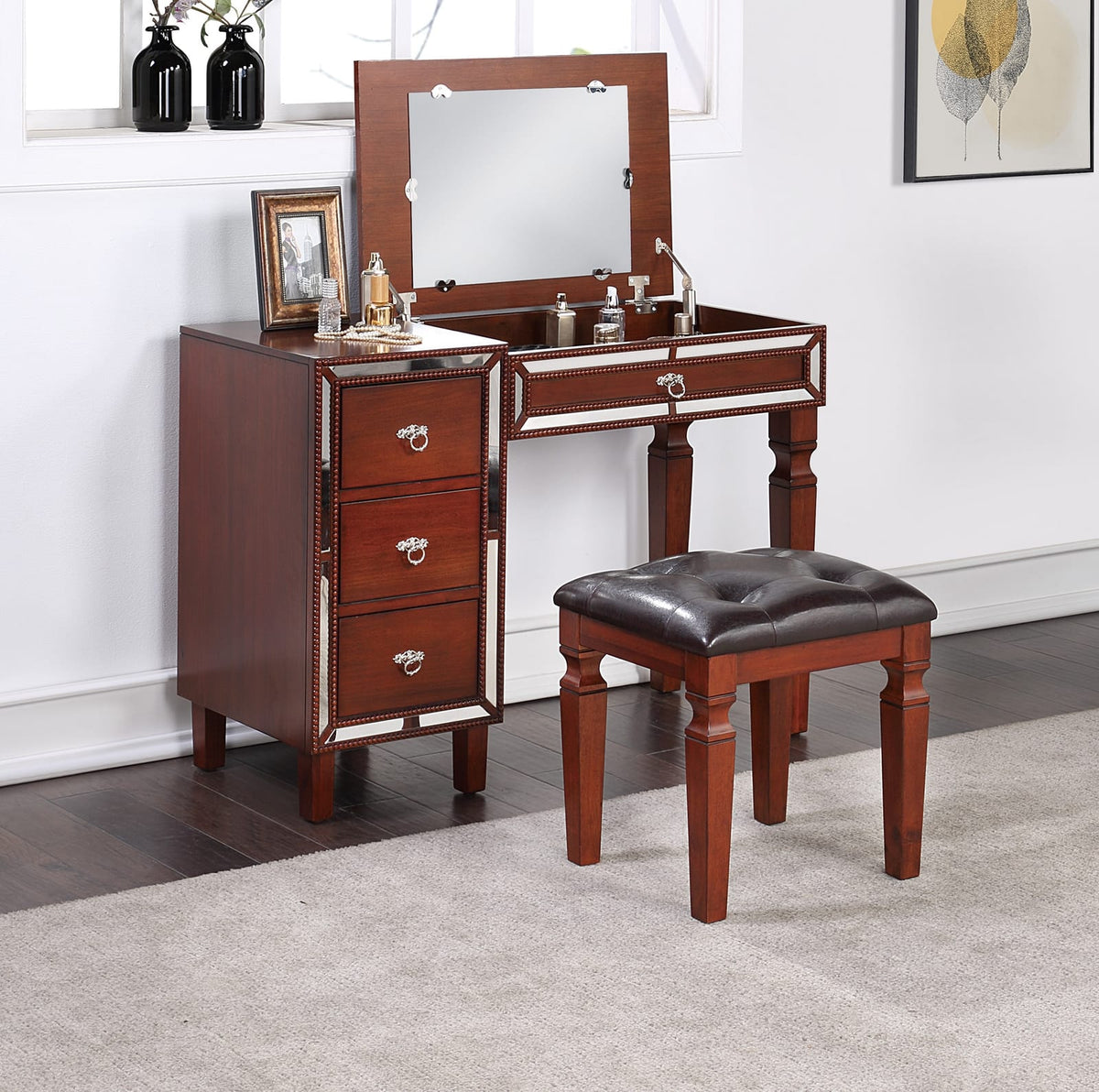Cherry Poplar Makeup Vanity Set Bedroom Storage