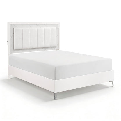 Queen White Wood Bed Frame with Chenille Headboard