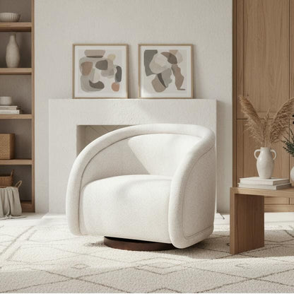 Beige Boucl Swivel Chair Walnut Base - 30.5" Diameter for Living Room