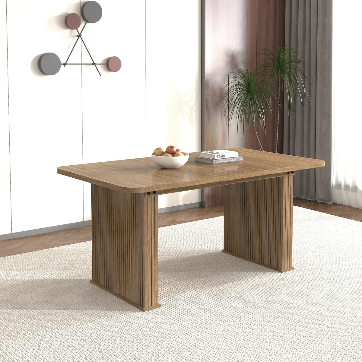 Extendable Dining Table for 6-10 Seats, Modern Beige Brown Wood