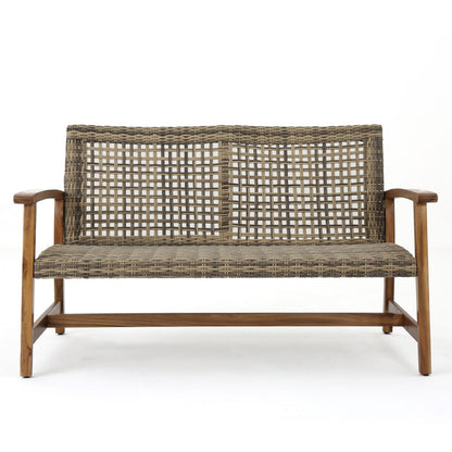 Natural Grey Acacia Wood Wicker Loveseat for Patio Seating