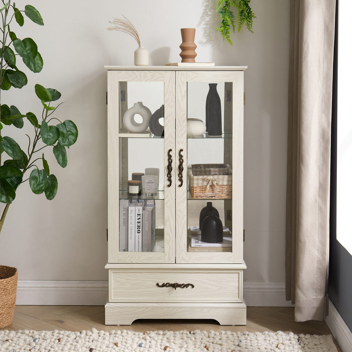 White Glass Curio Cabinet - 25.98"W Storage Display Cabinet