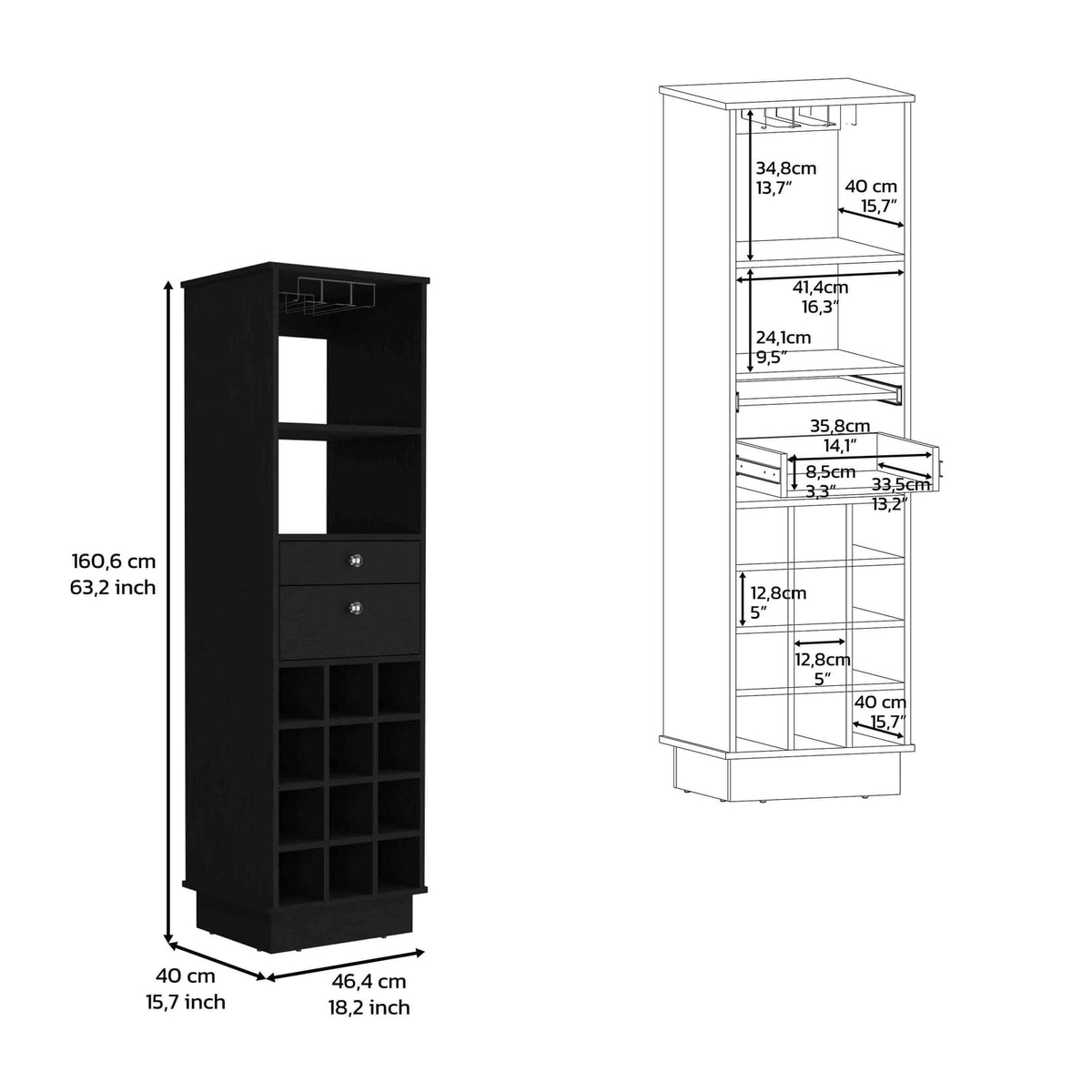 Black Wine Bar Cabinet with Six Cubbies - 15.7"W x 18.2"D x 63.2"H