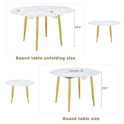Extendable Round Dining Table - White+Gold MDF Metal for Dining Room