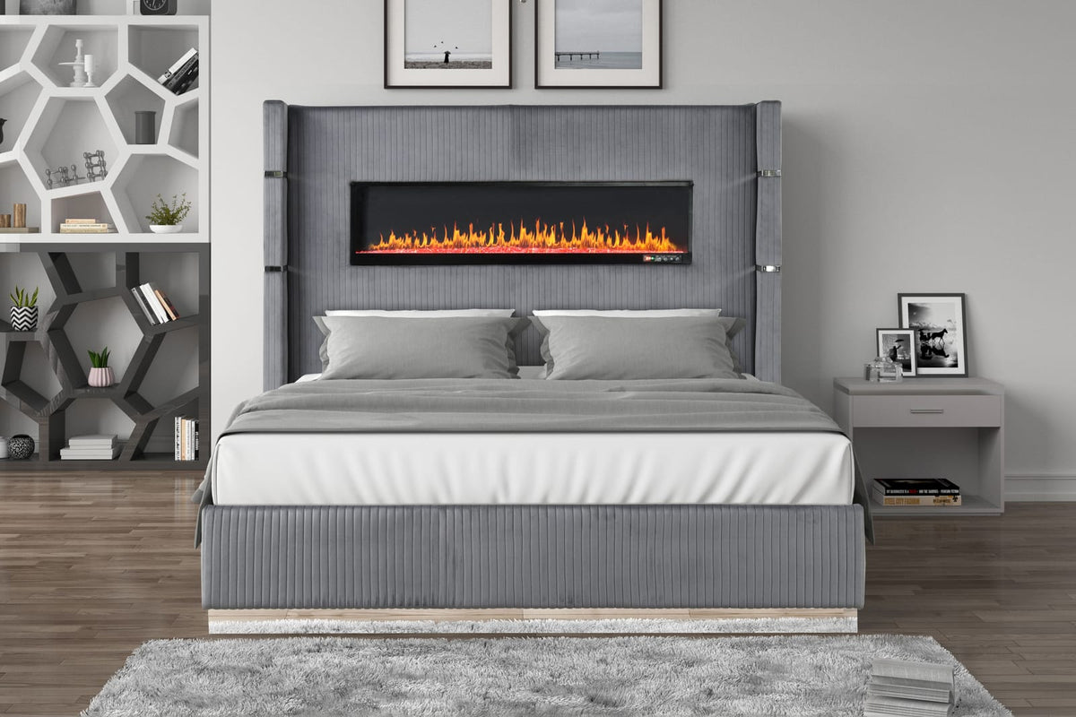 King Gray Wood Bed with Ambient Lighting for Bedroom