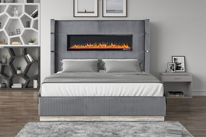 King Gray Wood Bed with Ambient Lighting for Bedroom