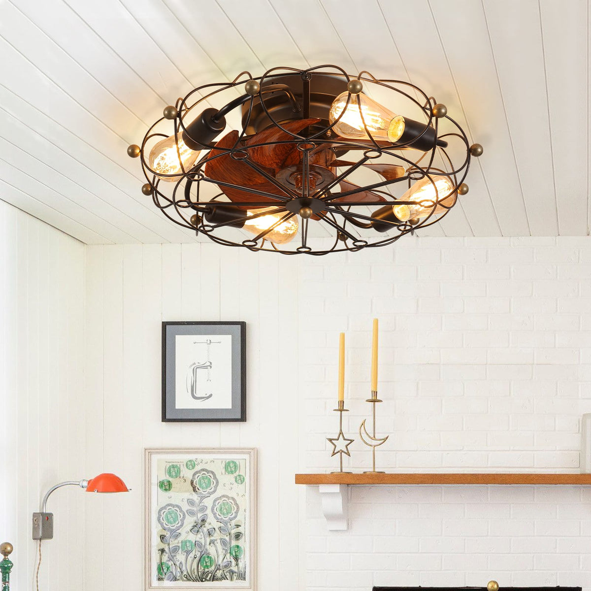 Low Profile Caged Ceiling Fan with Lights - Black Iron