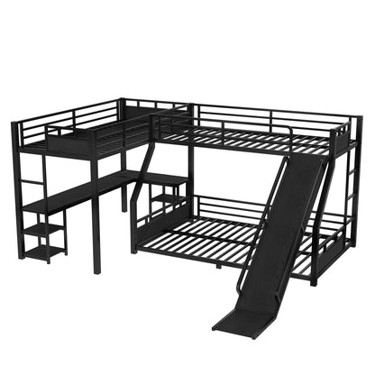 Metal Triple Bunk Bed with Desk and Slide for Kids Playroom for Bedroom