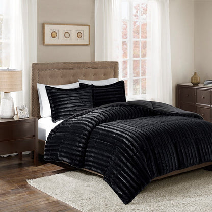 King Faux Fur Comforter Set - Black Polyester