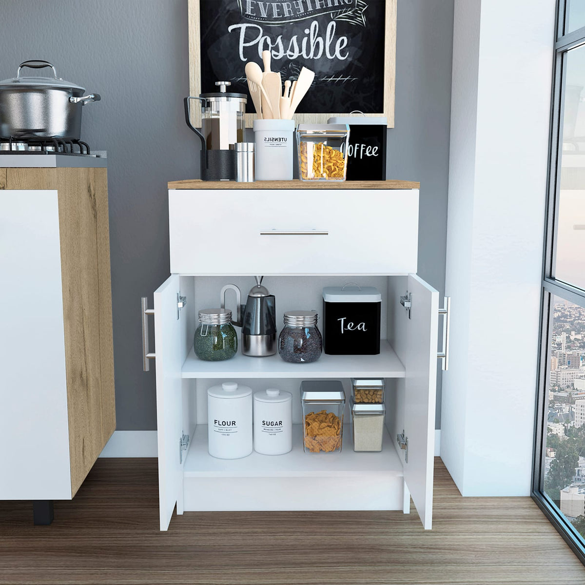 Modern Multicolor Kitchen Storage Cabinet with Double Doors and Drawers