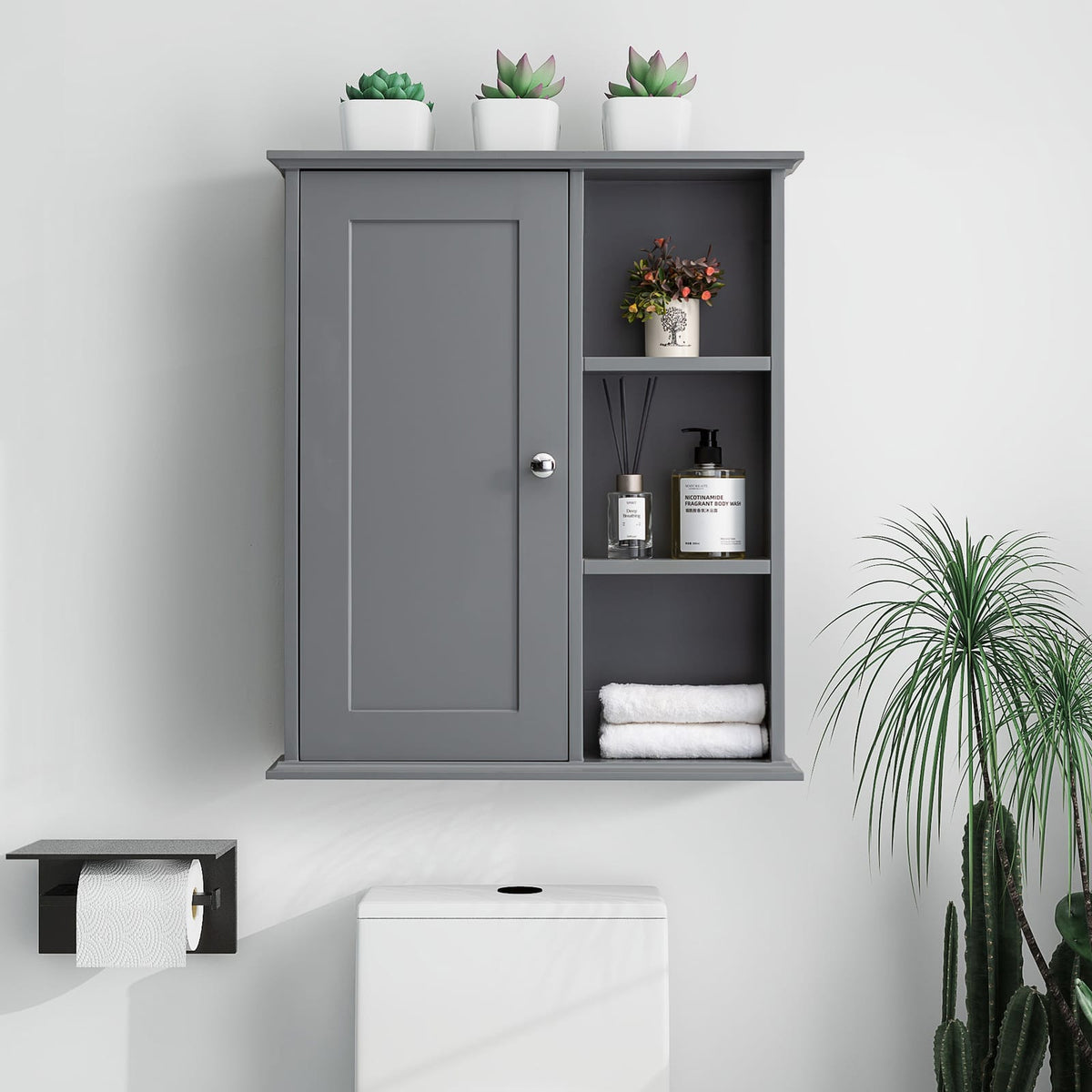 Gray MDF Bathroom Wall Cabinet - Over Toilet Storage