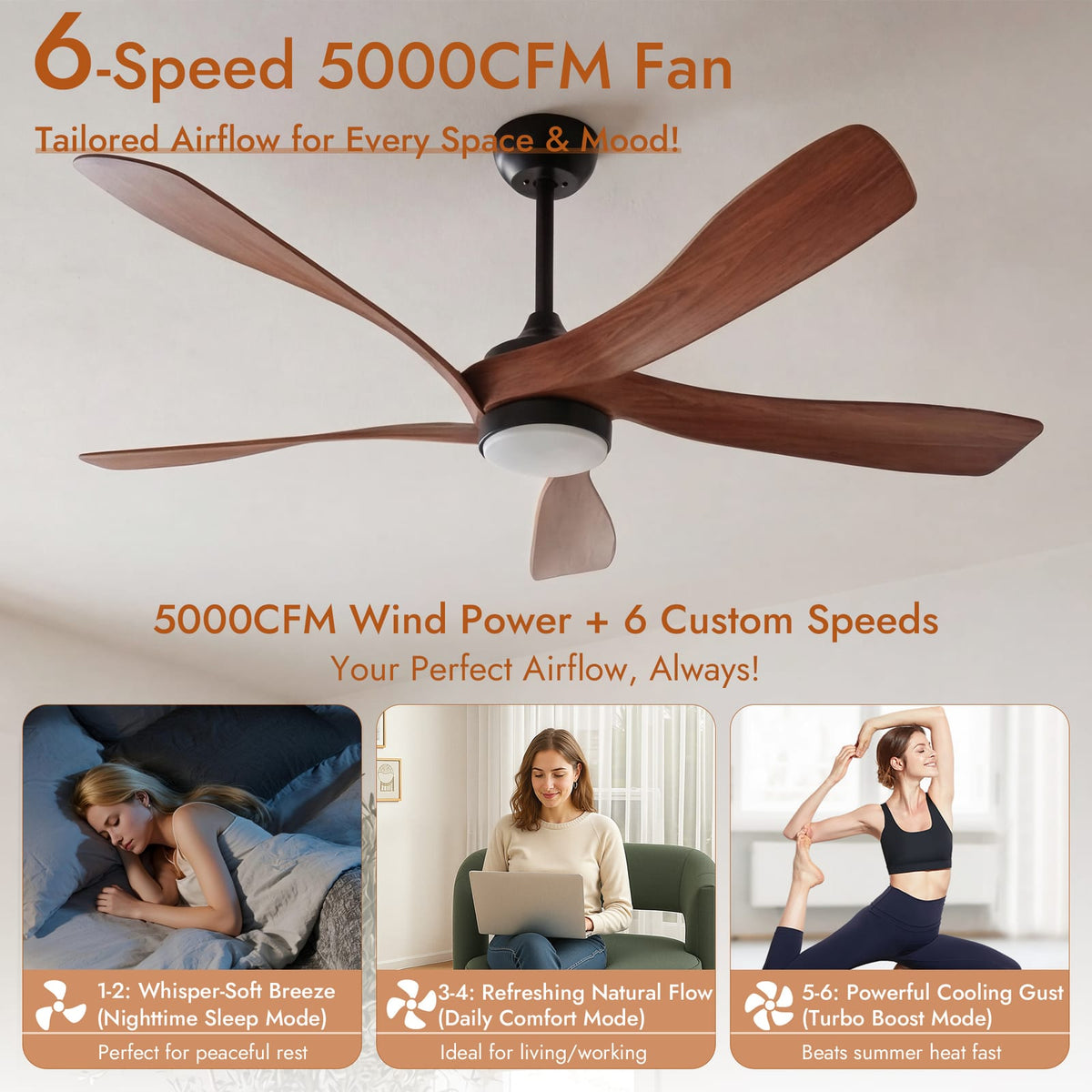 52 Inch Brown Ceiling Fan with Light - Modern Bedroom Fan