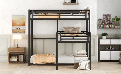 L-Shaped Metal Bunk Bed - Black (Triple Twin Size) for Bedroom