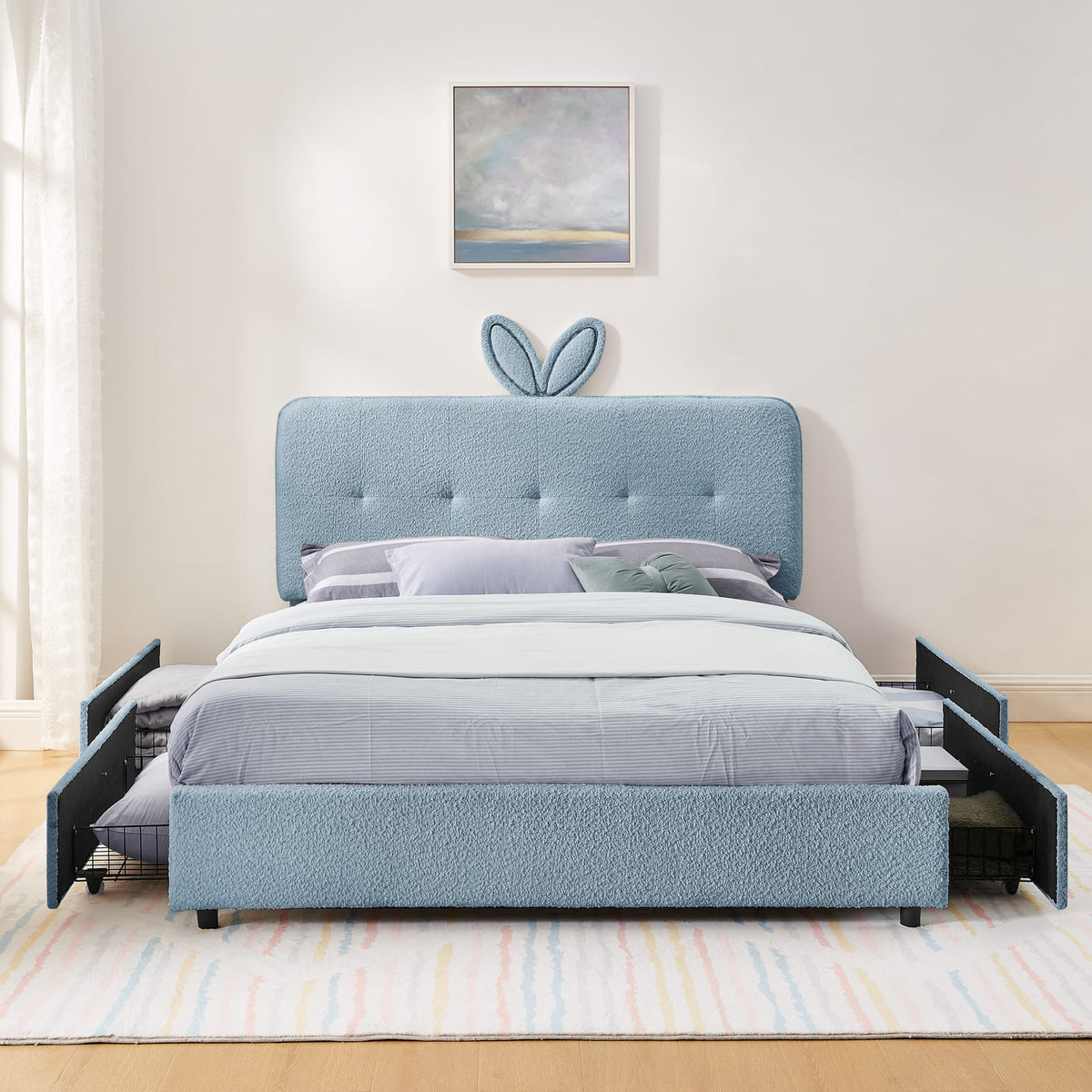 Navy Kids Upholstered Queen Bed with Storage Drawers for Bedroom
