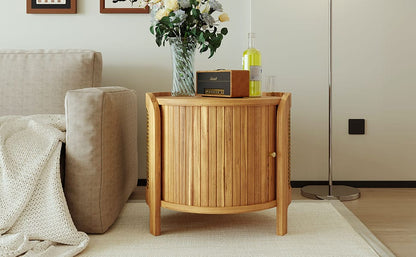 Antique Brown Round Coffee Table with Rattan & Storage for Living Room