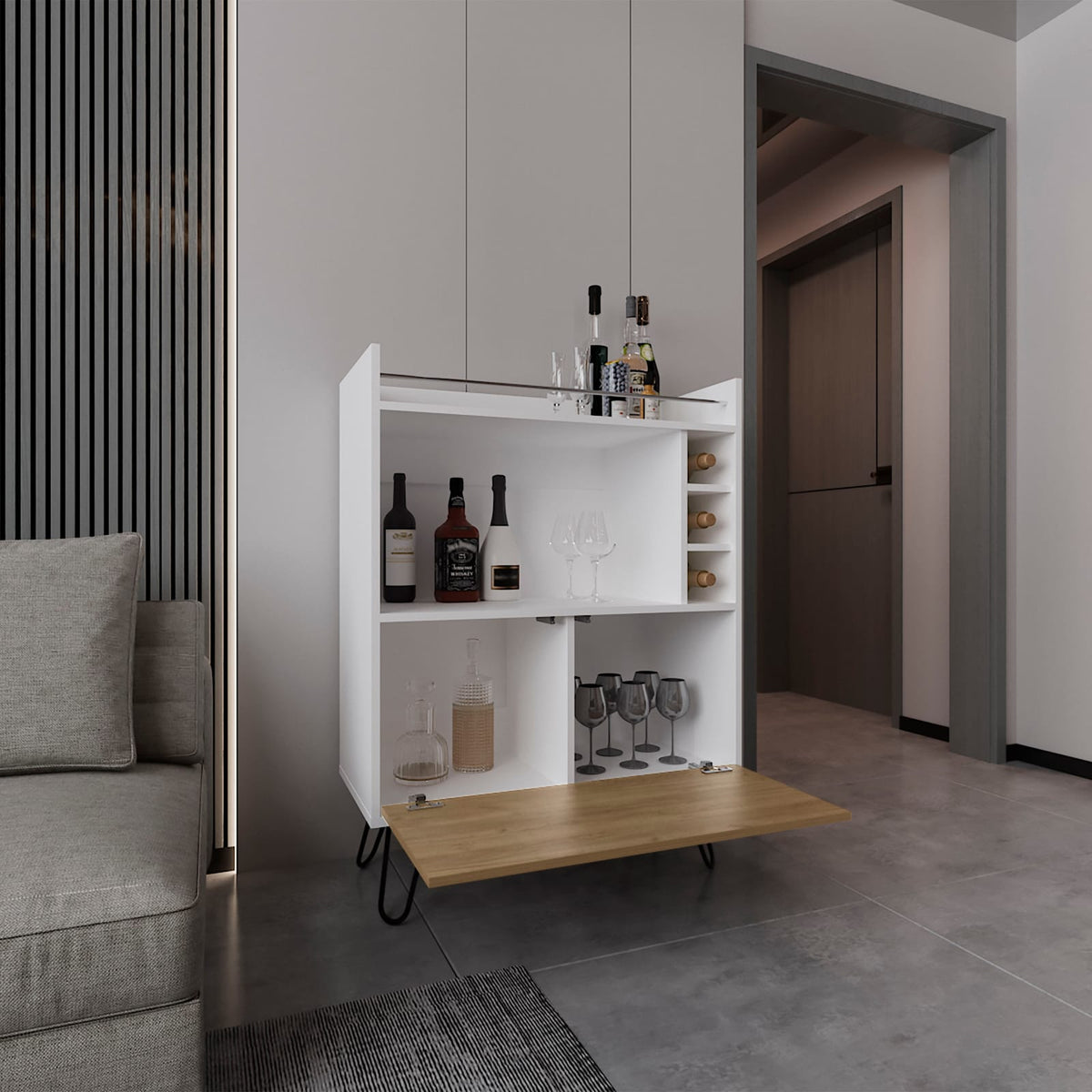 White Engineered Wood Bar Cabinet with 4 Shelves for Home Storage for Living Room