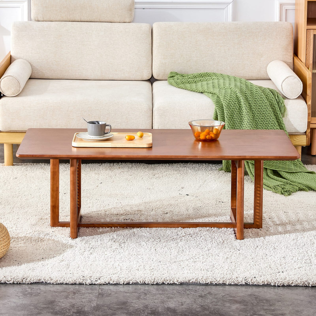 Walnut Rubber Wood Coffee Table Imitation Rattan Style for Living Room