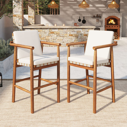 2 Acacia Wood Bar Stools with Beige Cushions - Patio Set