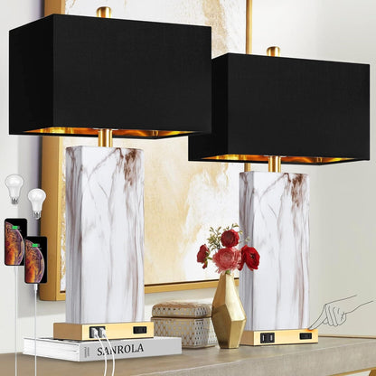 Modern Black Metal Table Lamps Set of 2 with USB Charging for Bedside