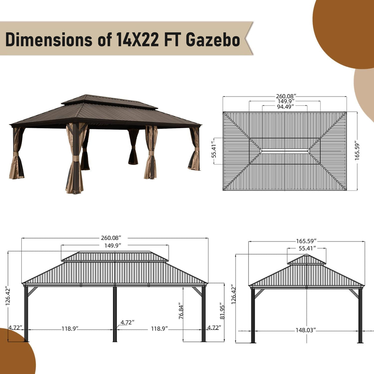 14x22ft Brown Aluminum Gazebo - Outdoor Shade Pavilion