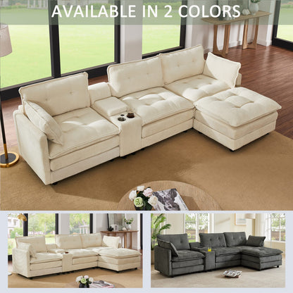 119" L-Shaped Corduroy Sectional Sofa with Ottoman & Console, Beige